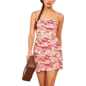 REFORMATION | 'Sarah' Red Mini Dress with Los Angeles Print in Size US 4